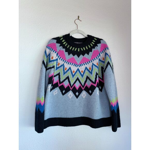 Kate Spade New York Wool Alpaca Blend Neon Abstract Fair Isle Sweater Size Small - Picture 7 of 13
